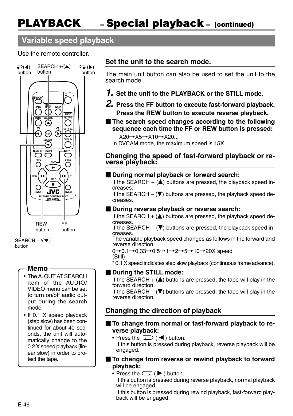 Playback, Special playback, Variable speed playback | Continued), Set the unit to the search mode, Changing the direction of playback, Use the remote controller, Set the unit to the playback or the still mode, During normal playback or forward search, During reverse playback or reverse search | JVC BR-DV3000 User Manual | Page 46 / 72