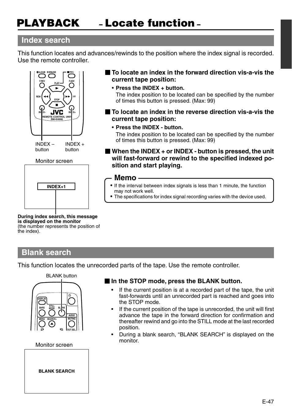 Locate function, Playback, Index search | Blank search | JVC BR-DV3000 User Manual | Page 47 / 72