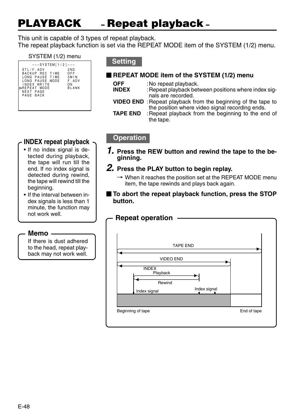 Repeat playback, Playback, Setting | Operation, Repeat operation index repeat playback | JVC BR-DV3000 User Manual | Page 48 / 72