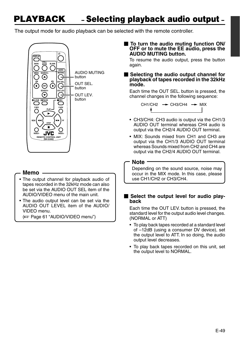 Selecting playback audio output, Playback, Select the output level for audio play- back | E-49, Page 61 “audio/video menu”) | JVC BR-DV3000 User Manual | Page 49 / 72