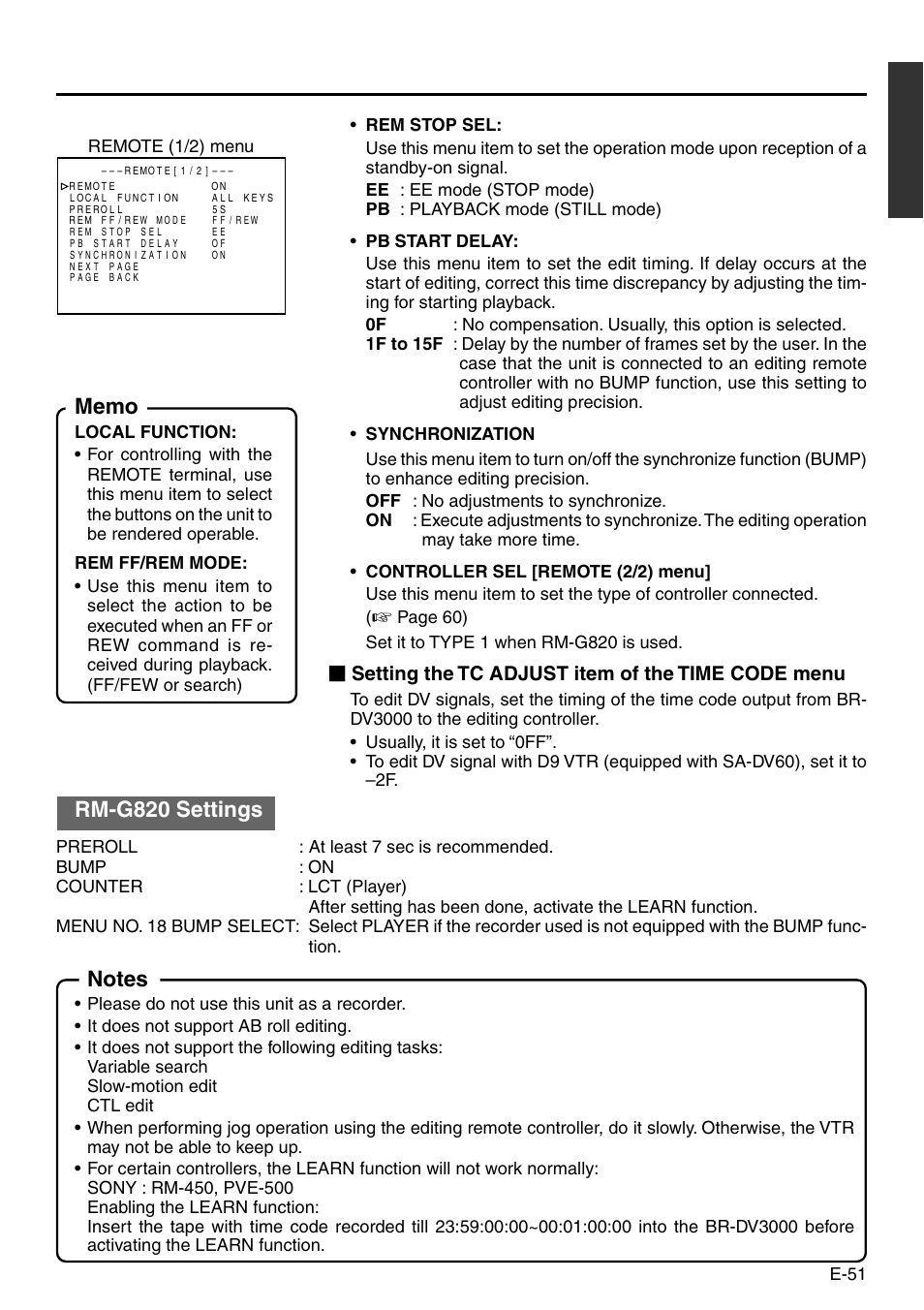 Rm-g820 settings, Setting the tc adjust item of the time code menu | JVC BR-DV3000 User Manual | Page 51 / 72