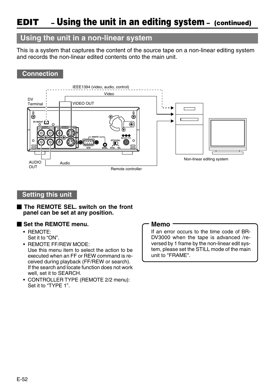 Using the unit in an editing system, Edit, Using the unit in a non-linear system | Continued) connection, Setting this unit, E-52 | JVC BR-DV3000 User Manual | Page 52 / 72