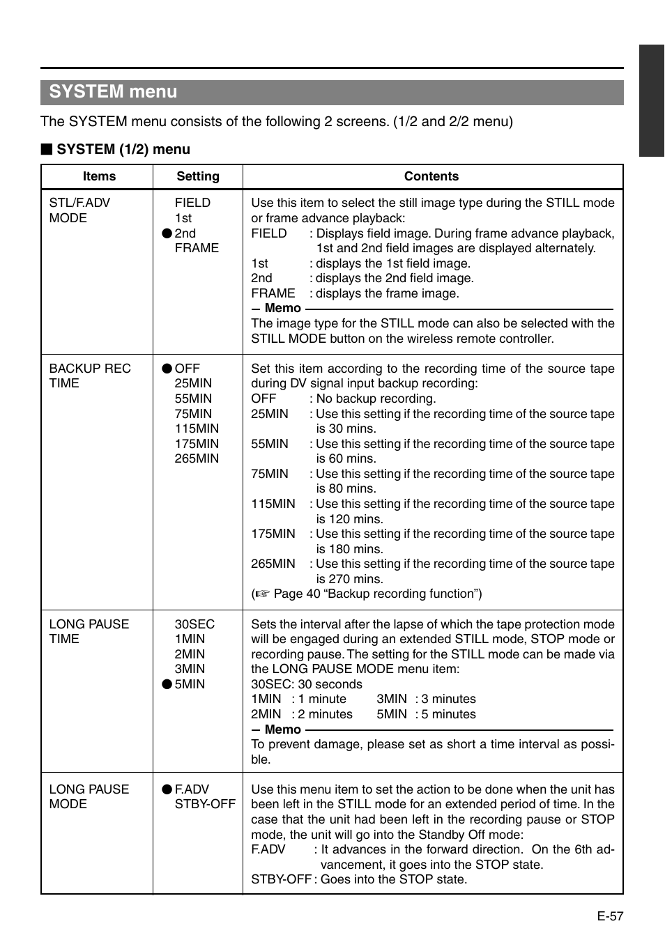 System menu | JVC BR-DV3000 User Manual | Page 57 / 72