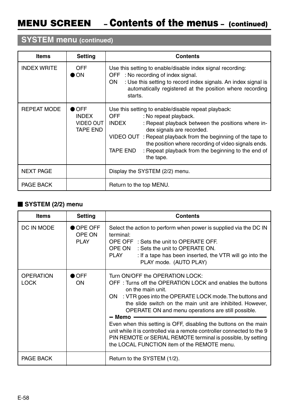 Contents of the menus, Menu screen, System menu | JVC BR-DV3000 User Manual | Page 58 / 72