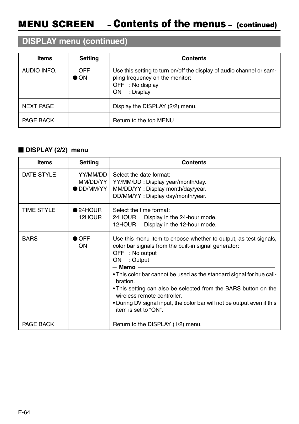 Contents of the menus, Menu screen, Display menu (continued) | JVC BR-DV3000 User Manual | Page 64 / 72