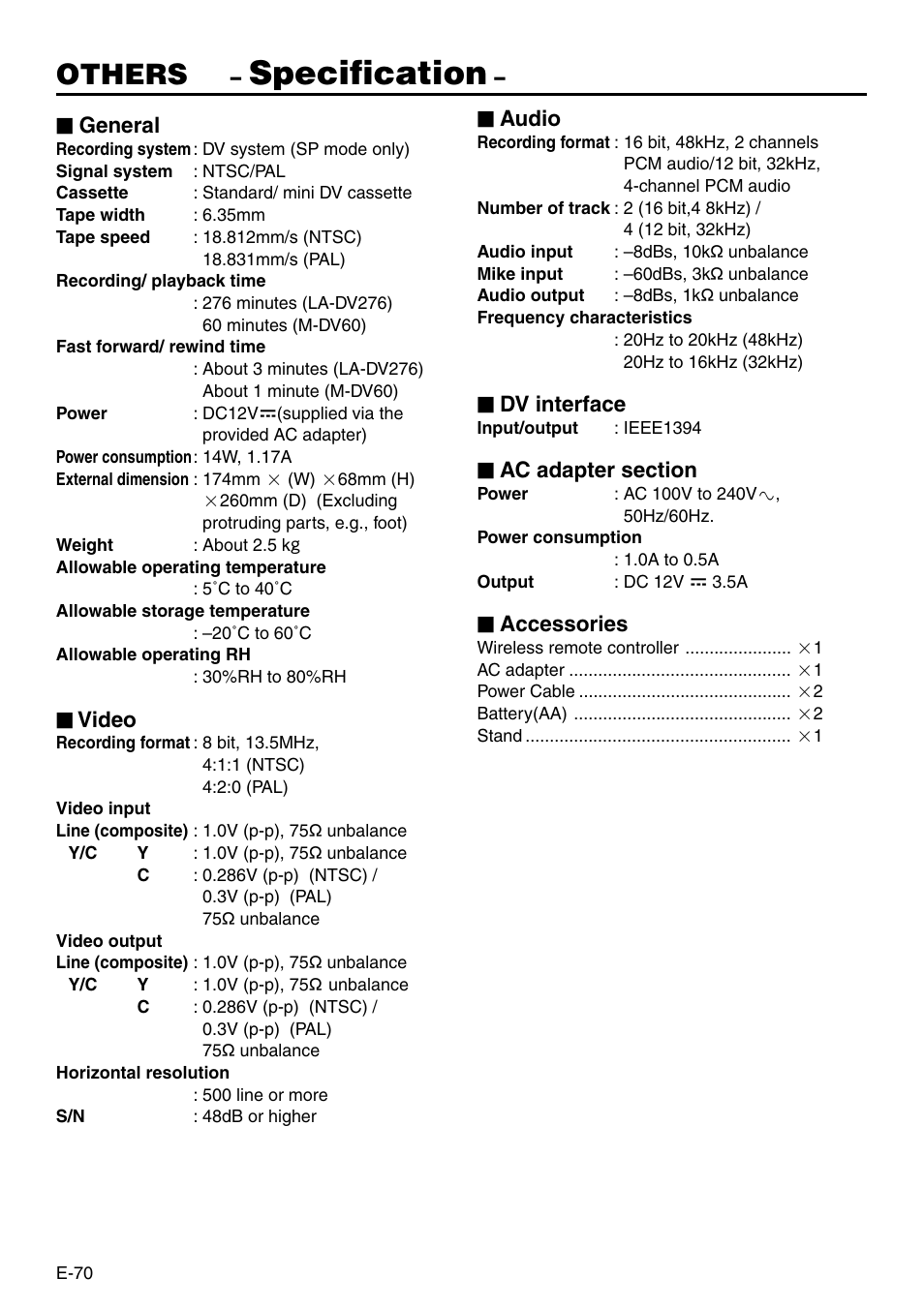 Specification, Others | JVC BR-DV3000 User Manual | Page 70 / 72