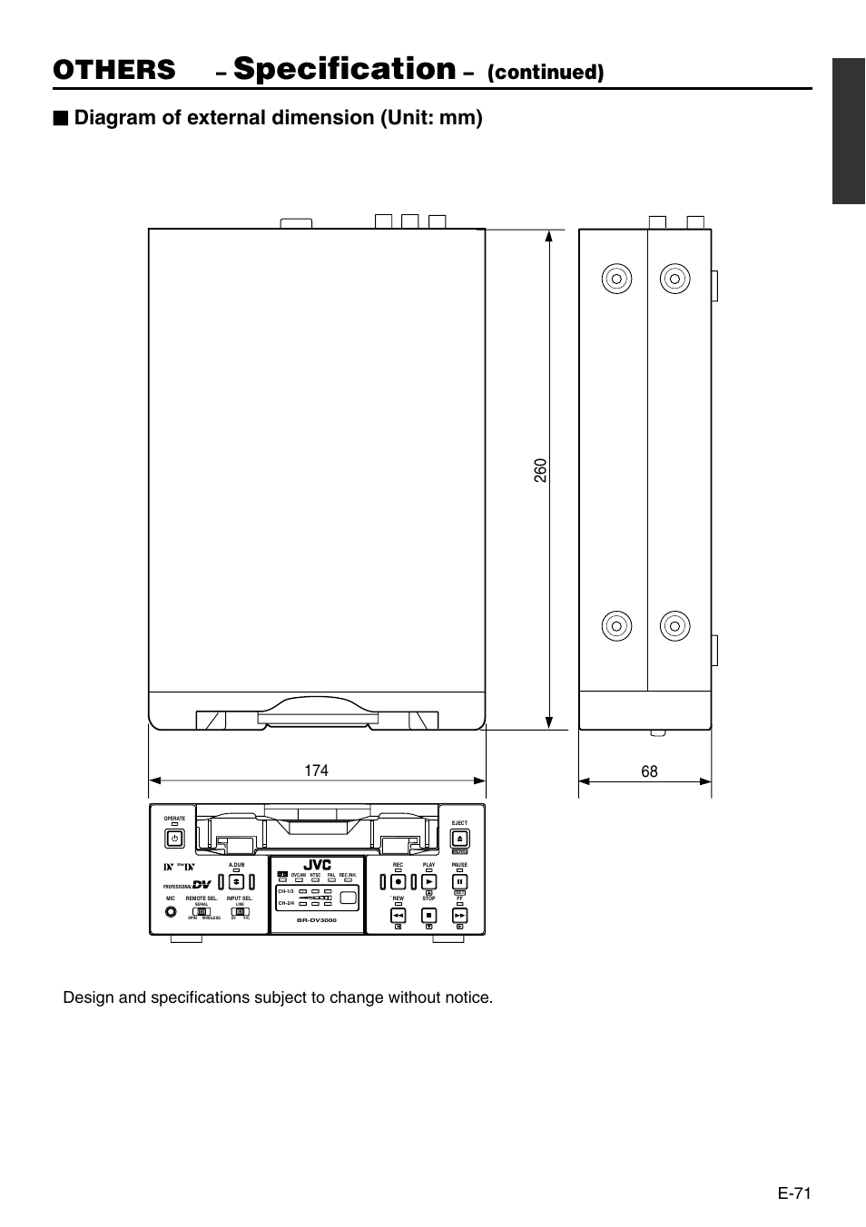 Specification, Others, Continued) | Diagram of external dimension (unit: mm), E-71 | JVC BR-DV3000 User Manual | Page 71 / 72