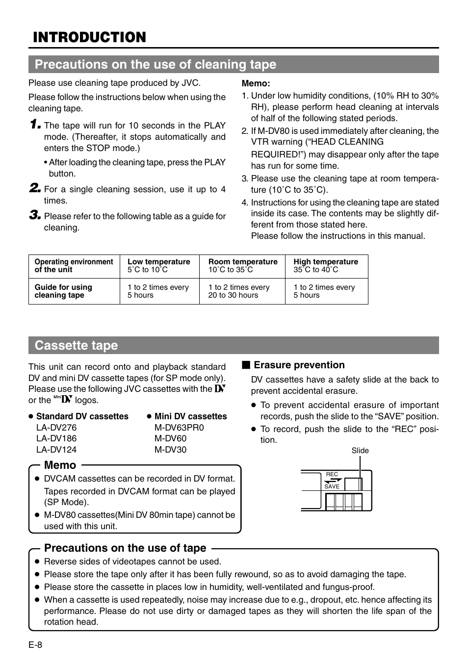Precautions on the use of cleaning tape, Cassette tape, Introduction | Precautions on the use of tape | JVC BR-DV3000 User Manual | Page 8 / 72
