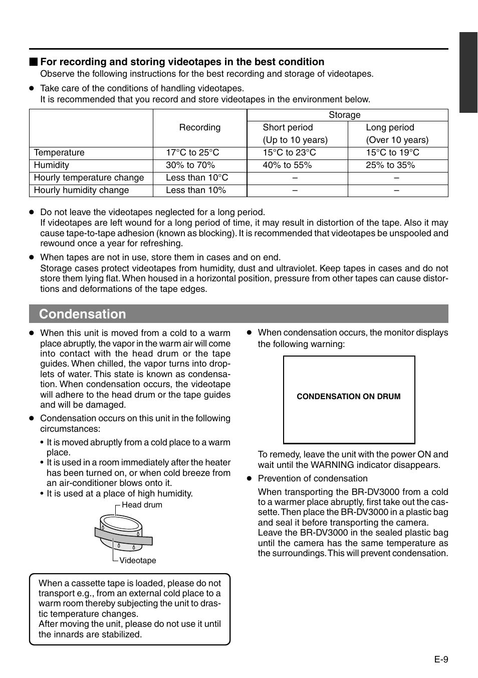 Condensation | JVC BR-DV3000 User Manual | Page 9 / 72