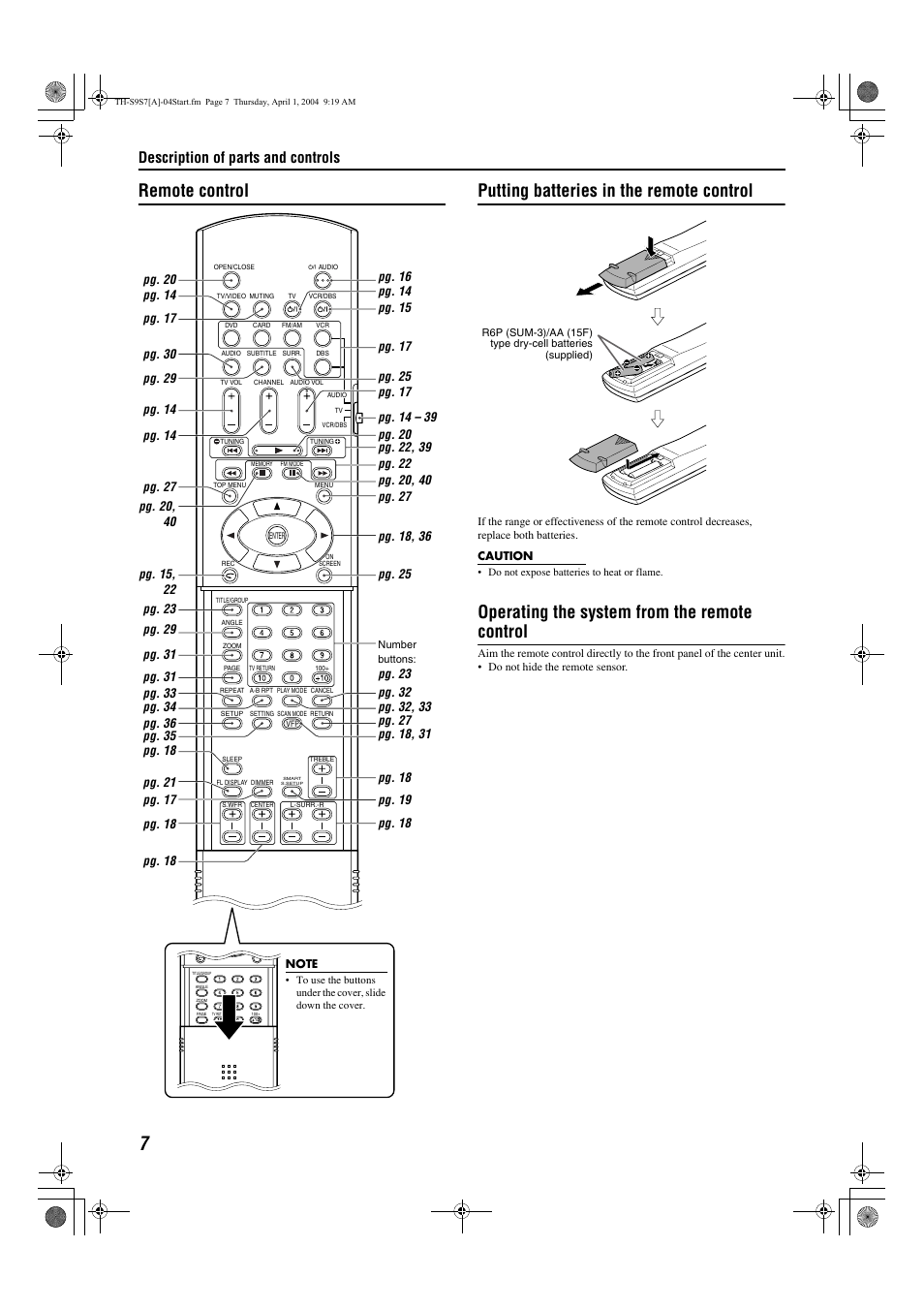 Pg. 7, Operating the system from the remote control, Description of parts and controls | Pg. 14 | JVC SP-PWS9 User Manual | Page 10 / 48