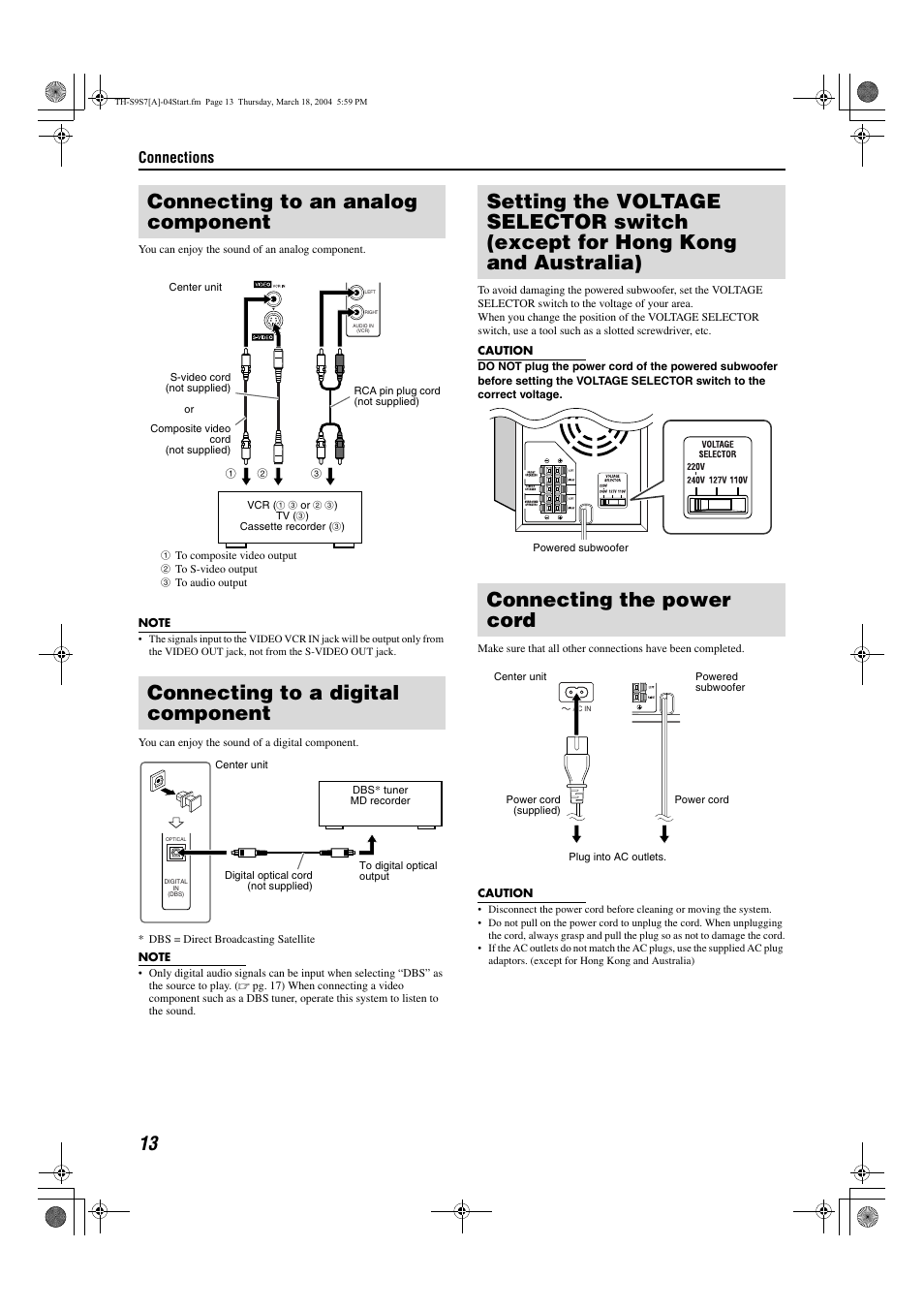 Connecting to an analog component, Connecting to a digital component, Connecting the power cord | Pg. 13, Connections | JVC SP-PWS9 User Manual | Page 16 / 48