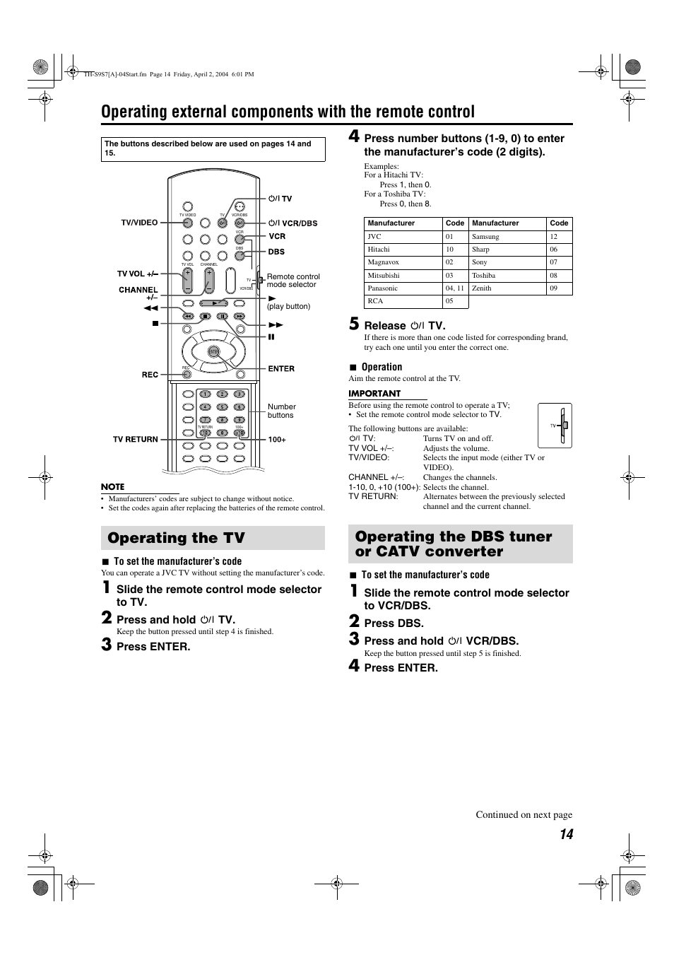 Operating the tv, Operating the dbs tuner or catv converter, Pg. 14 | JVC SP-PWS9 User Manual | Page 17 / 48