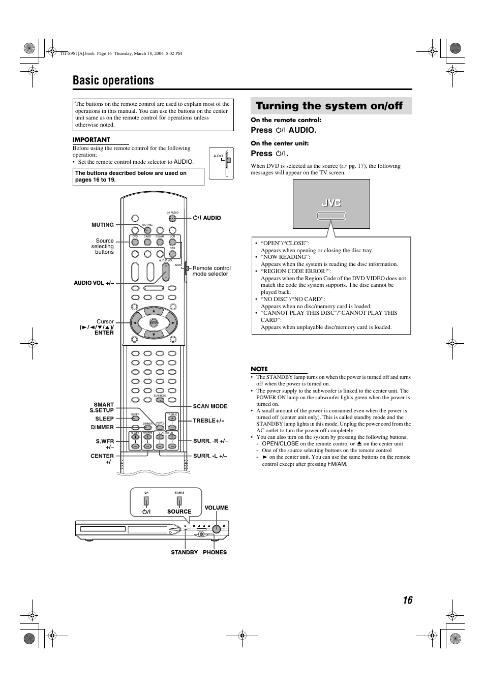 Basic operations, Turning the system on/off, Pg. 16 | Press f audio, Press f, Volume sd/mmc standby phones | JVC SP-PWS9 User Manual | Page 19 / 48