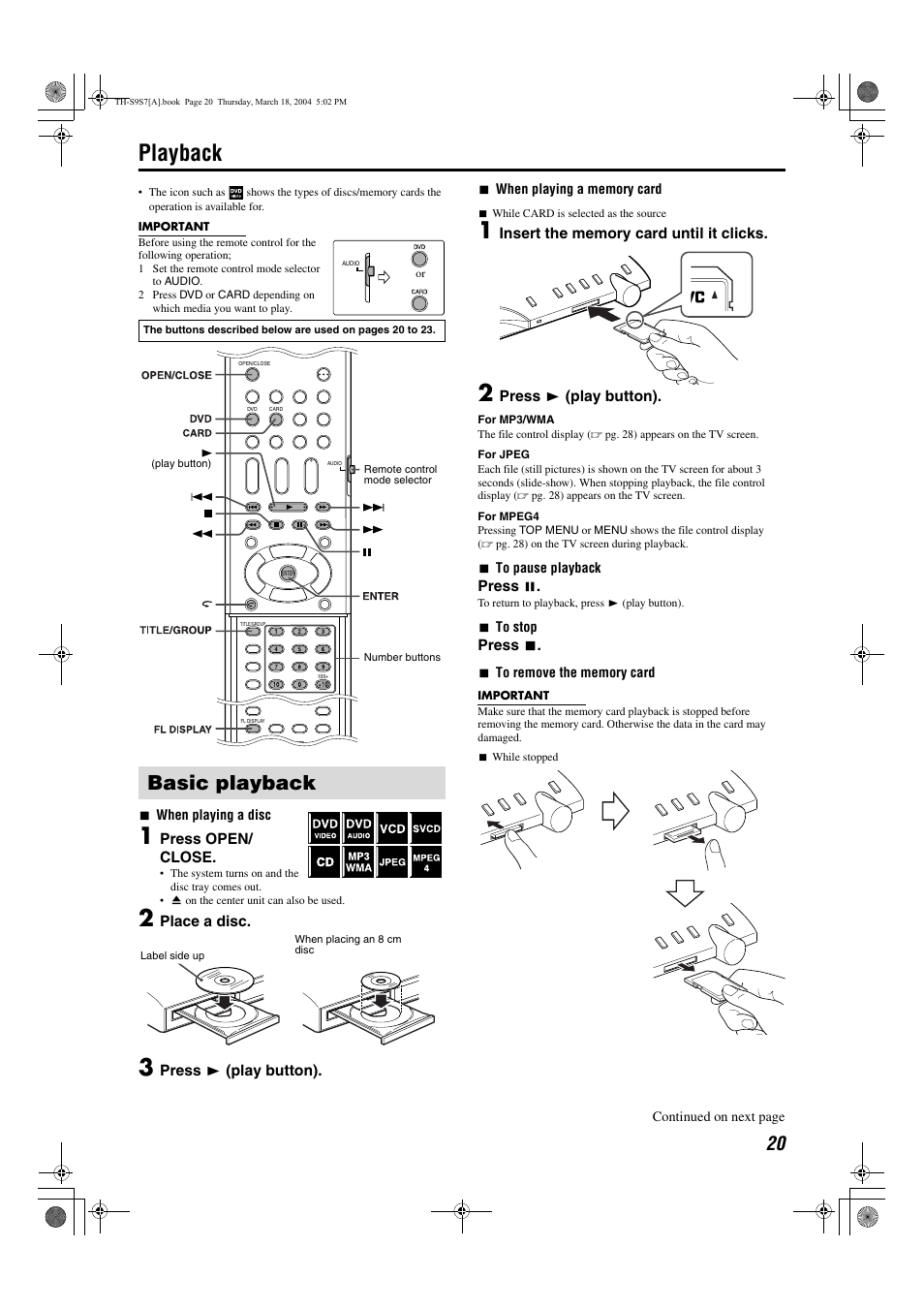 Playback, Basic playback, Pg. 20 | Pg. 20, 40, A pg. 20), Play back a memory card | JVC SP-PWS9 User Manual | Page 23 / 48