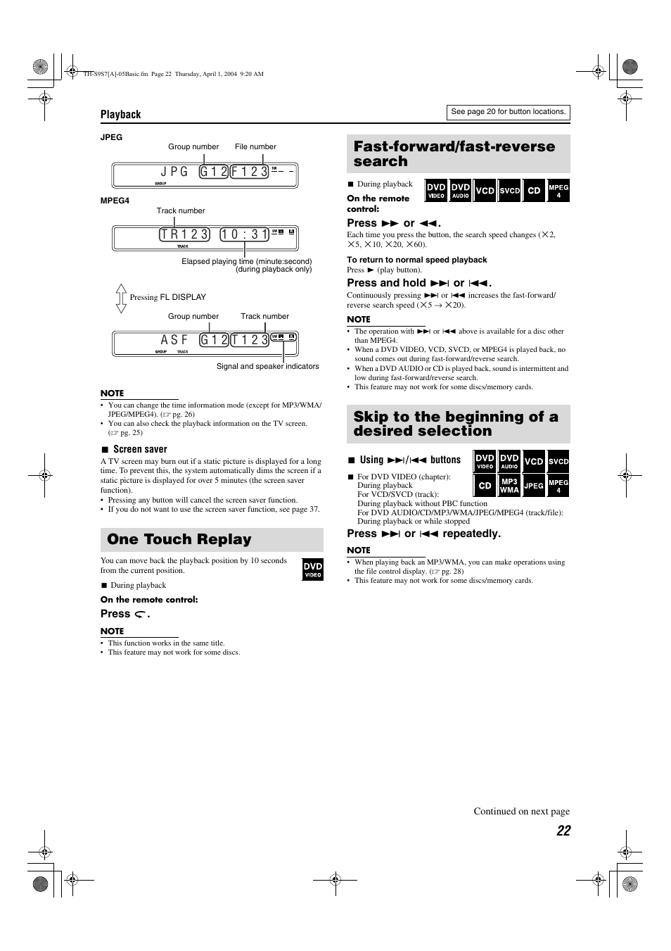 One touch replay, Fast-forward/fast-reverse search, Skip to the beginning of a desired selection | Pg. 22, 39 pg. 22 | JVC SP-PWS9 User Manual | Page 25 / 48