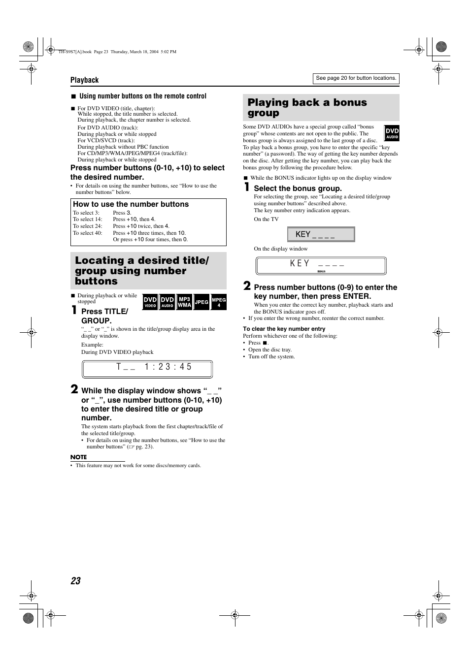 Playing back a bonus group, Pg. 23, To 23 | T : 2 3 : 4 5, K e y | JVC SP-PWS9 User Manual | Page 26 / 48