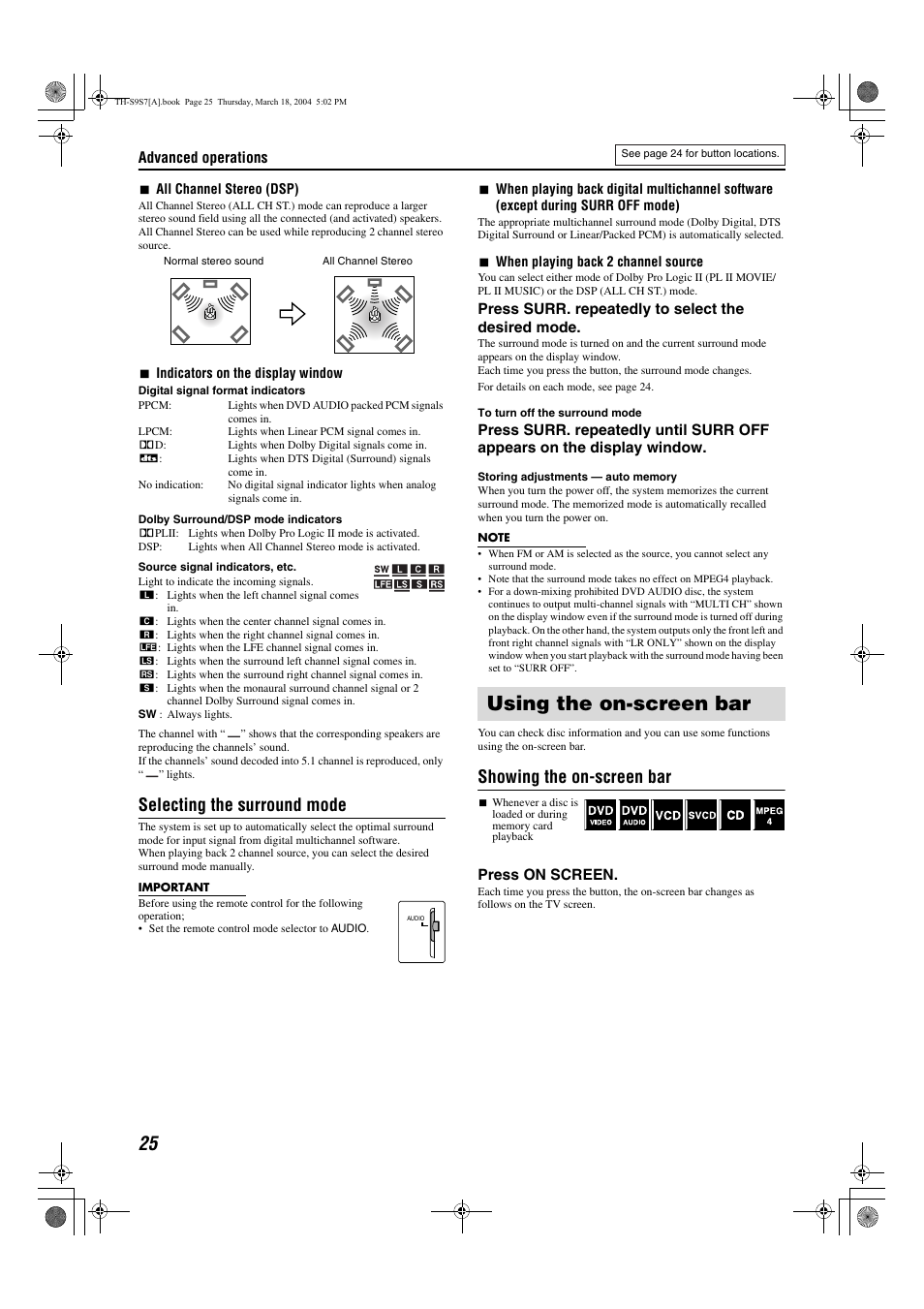 Using the on-screen bar, Pg. 25, A pg. 25) | Selecting the surround mode, Showing the on-screen bar | JVC SP-PWS9 User Manual | Page 28 / 48