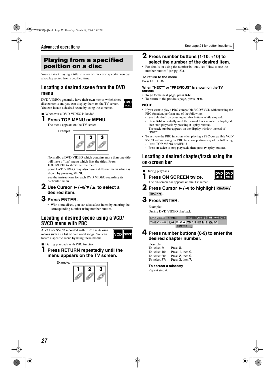 Playing from a specified position on a disc, Pg. 27, A pg. 27) | Locating a desired scene from the dvd menu | JVC SP-PWS9 User Manual | Page 30 / 48