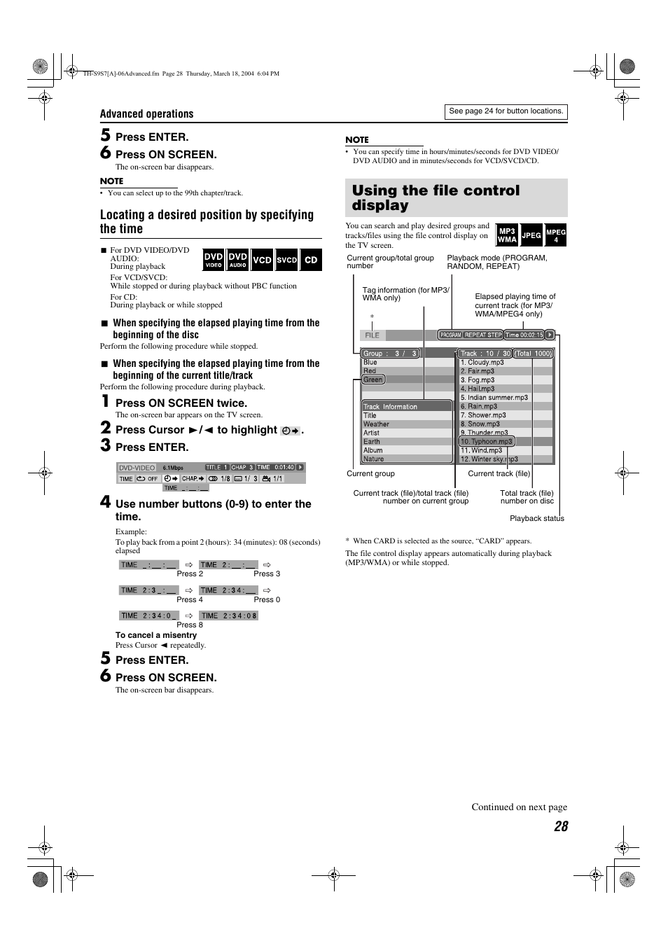 Using the file control display, Screen, A pg. 28) | A pg. 28) appears on, Display, A pg. 28) on the, Splay, A pg, Locating a desired position by specifying the time | JVC SP-PWS9 User Manual | Page 31 / 48