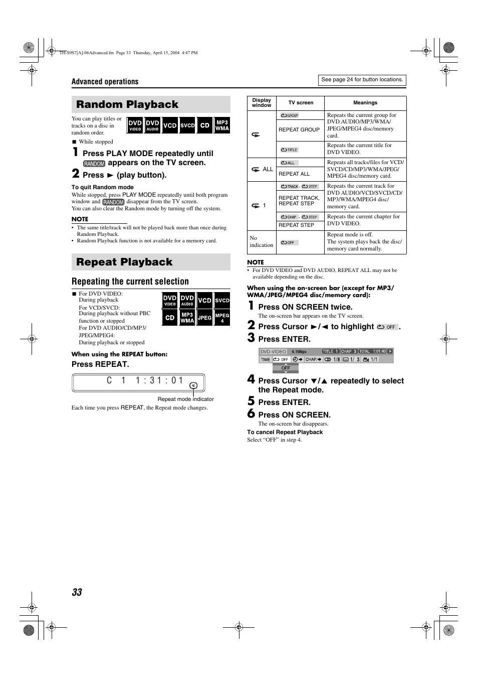 Random playback, Repeat playback, Random playback repeat playback | Pg. 33, A pg. 33), Repeat mode status, Repeating the current selection | JVC SP-PWS9 User Manual | Page 36 / 48