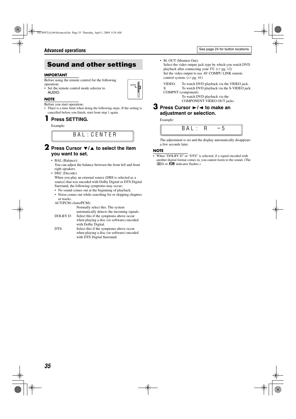 Sound and other settings, Pg. 35 | JVC SP-PWS9 User Manual | Page 38 / 48