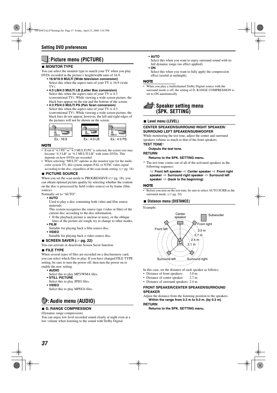 Udio, A pg. 37), Picture menu | Level) manually, Picture menu (picture), Audio menu (audio), Speaker setting menu (spk. setting) | JVC SP-PWS9 User Manual | Page 40 / 48