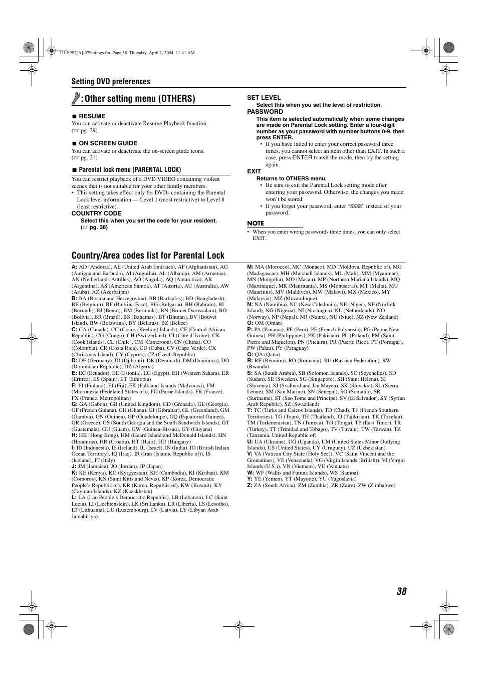 Ge 38, A pg. 38) and, Other setting menu (others) | Country/area codes list for parental lock | JVC SP-PWS9 User Manual | Page 41 / 48