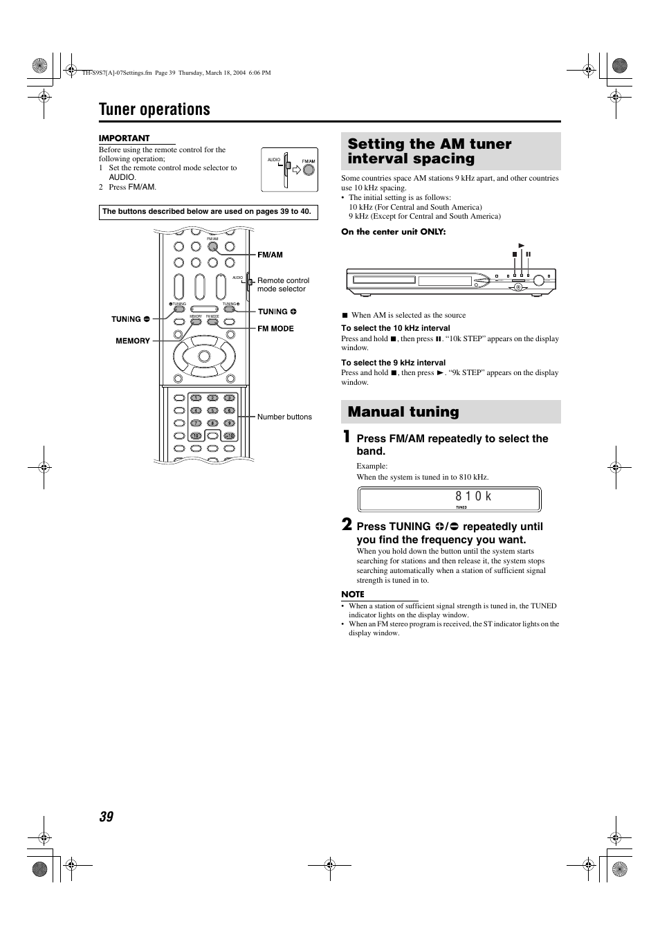 Tuner operations, Setting the am tuner interval spacing, Manual tuning | Pg. 39, A pg. 39), 8 1 0 k | JVC SP-PWS9 User Manual | Page 42 / 48