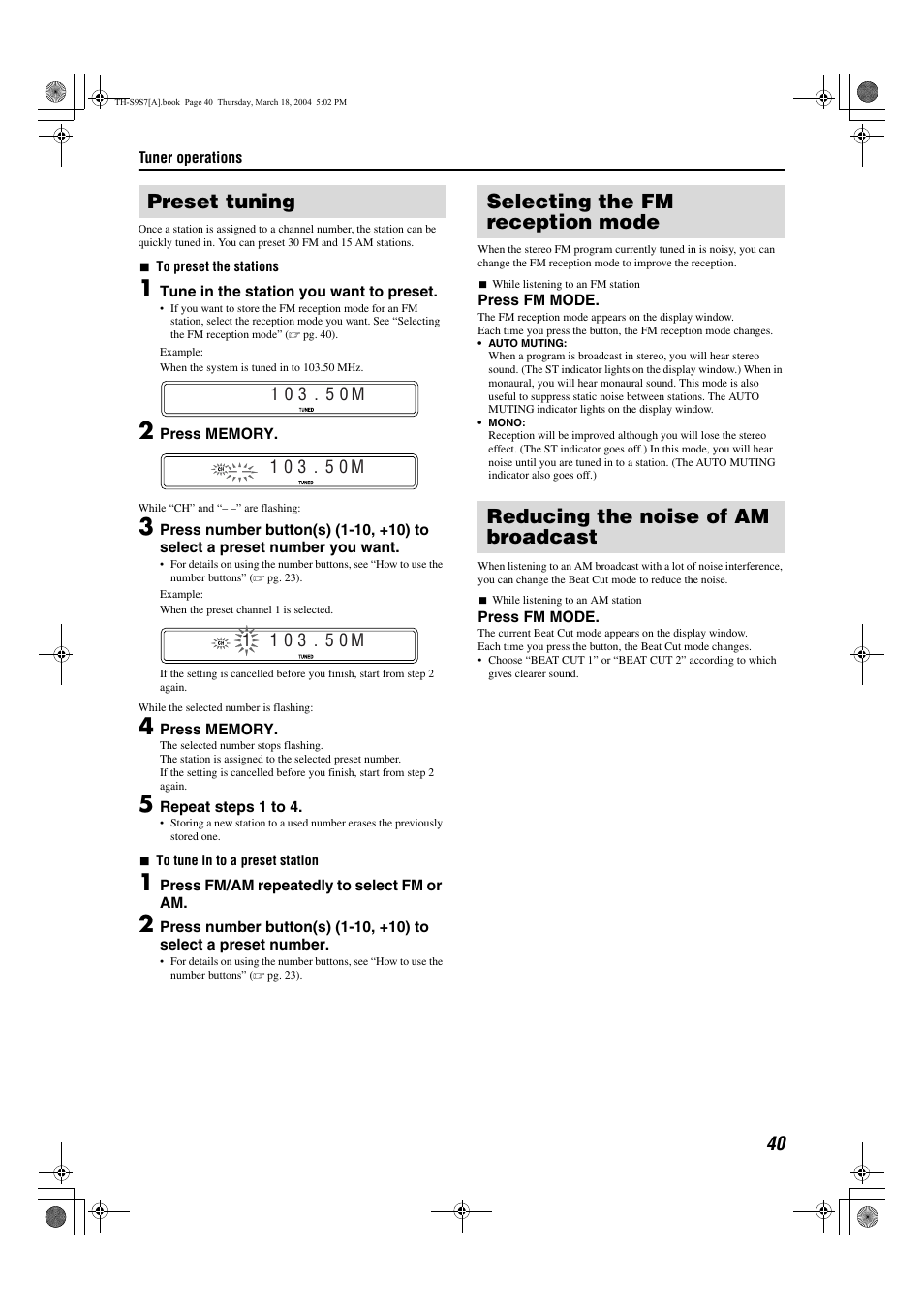 Preset tuning, Selecting the fm reception mode, Reducing the noise of am broadcast | Pg. 40 | JVC SP-PWS9 User Manual | Page 43 / 48