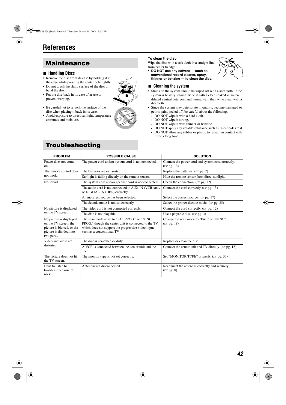 References, Maintenance, Troubleshooting | Reducing the noise of am broadcast, Av compu link remote control system, Maintenance troubleshooting | JVC SP-PWS9 User Manual | Page 45 / 48