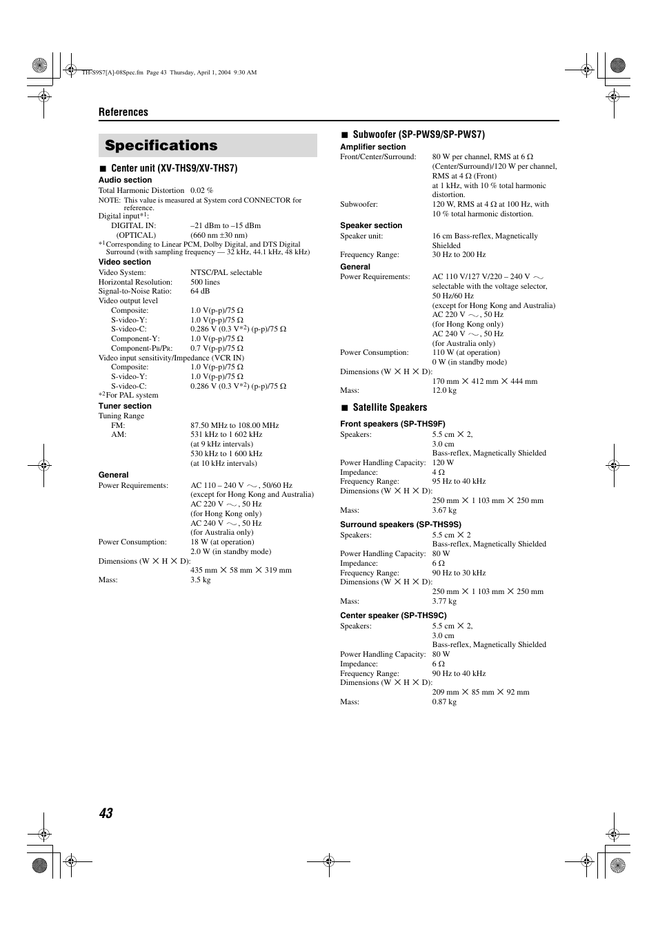 Specifications, References | JVC SP-PWS9 User Manual | Page 46 / 48