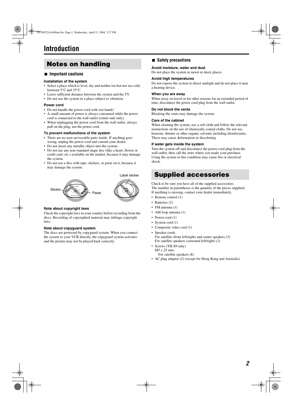 Introduction, Notes on handling, Supplied accessories | Notes on handling supplied accessories | JVC SP-PWS9 User Manual | Page 5 / 48