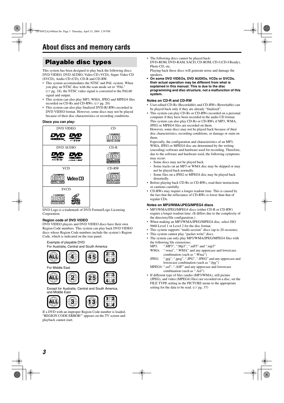 About discs and memory cards, Playable disc types | JVC SP-PWS9 User Manual | Page 6 / 48