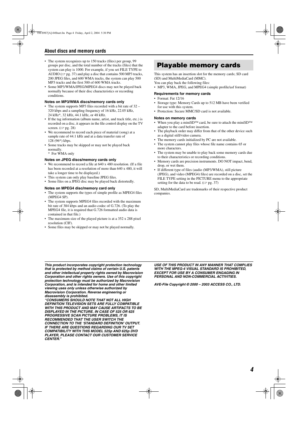 Playable memory cards | JVC SP-PWS9 User Manual | Page 7 / 48