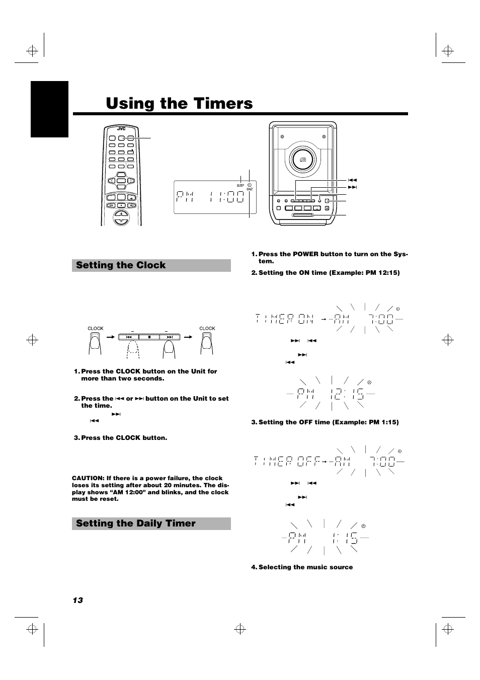 Using the timers, Setting the clock setting the daily timer, 13 english | JVC FS-5000 User Manual | Page 16 / 20