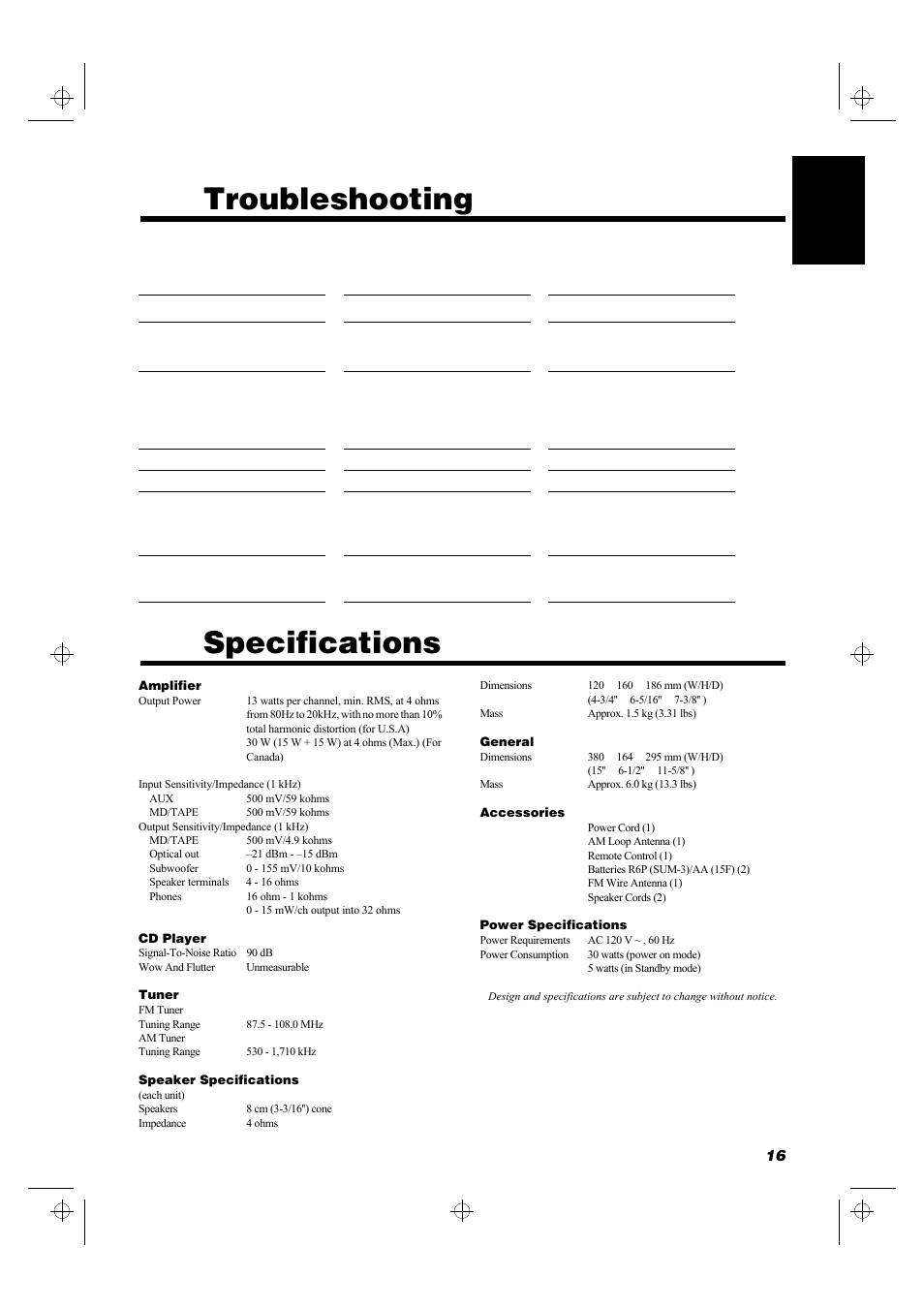 Troubleshooting, Specifications | JVC FS-5000 User Manual | Page 19 / 20