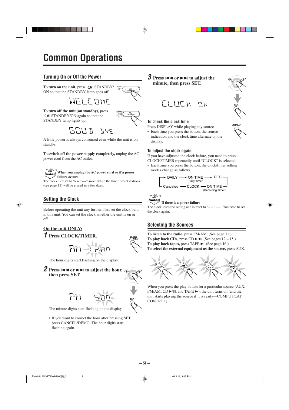 Common operations, Turning on or off the power, Setting the clock | Selecting the sources | JVC CA-MXG500 User Manual | Page 12 / 32