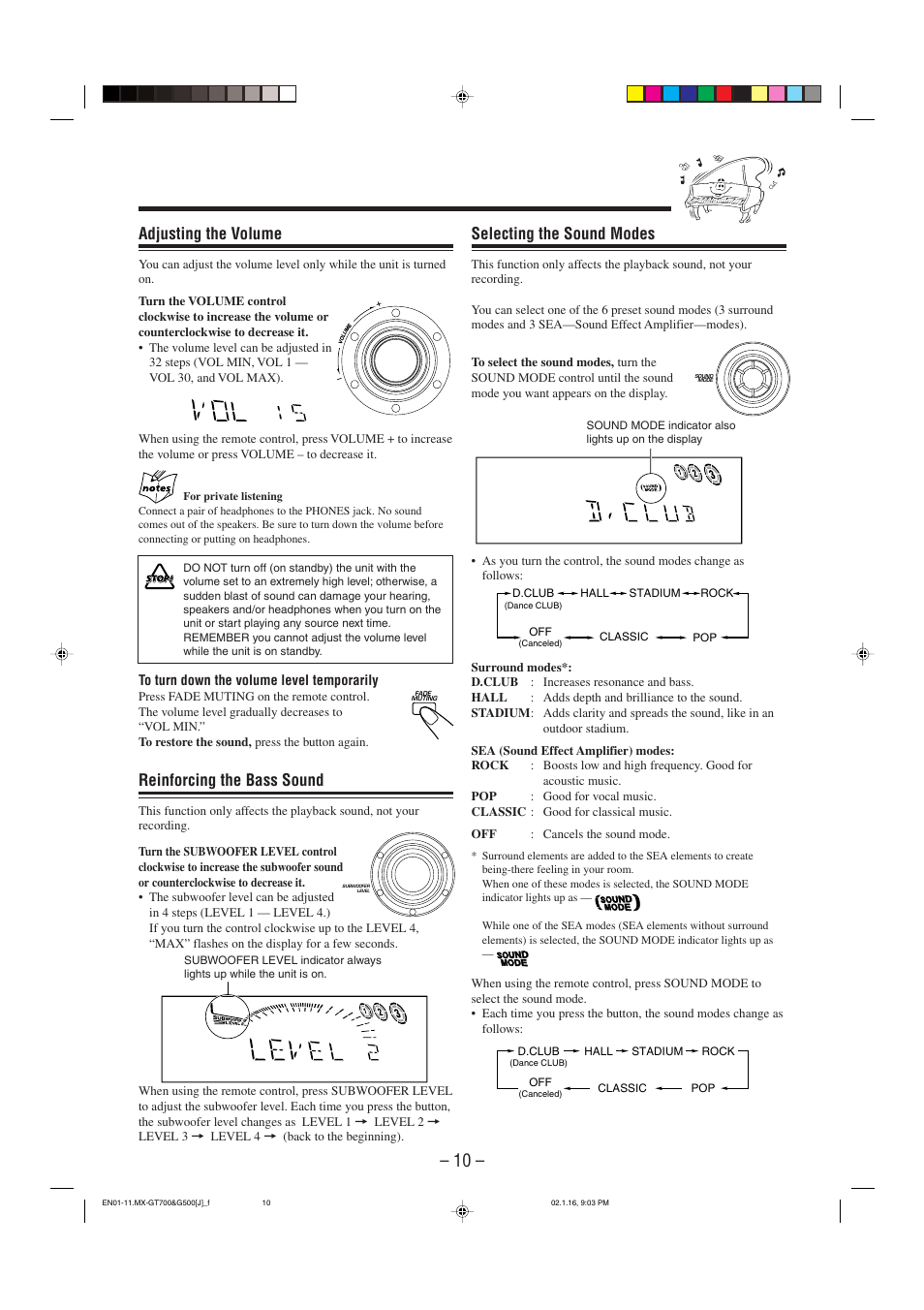 Selecting the sound modes, Adjusting the volume, Reinforcing the bass sound | JVC CA-MXG500 User Manual | Page 13 / 32