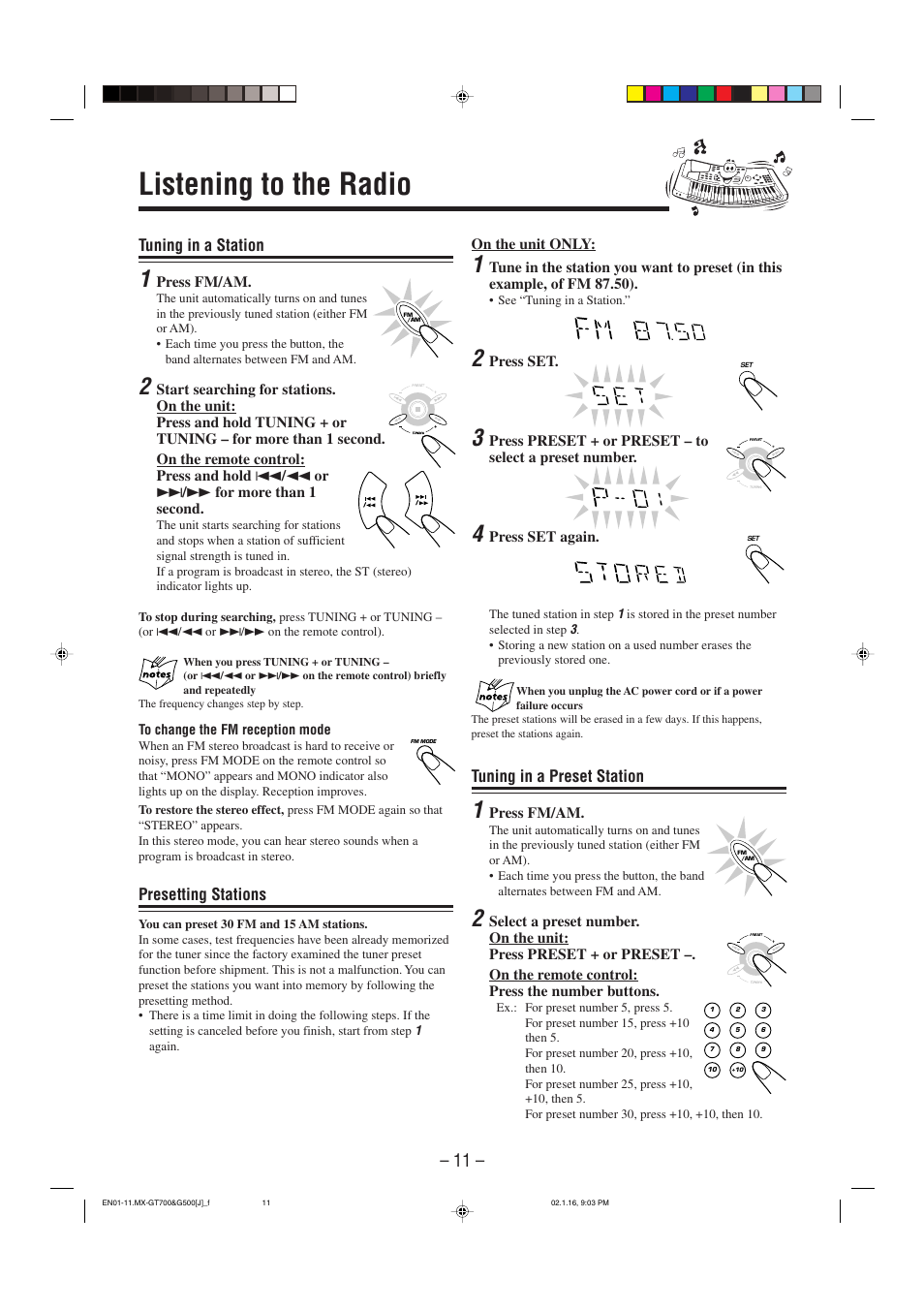 Listening to the radio, Tuning in a preset station, Tuning in a station | Presetting stations | JVC CA-MXG500 User Manual | Page 14 / 32