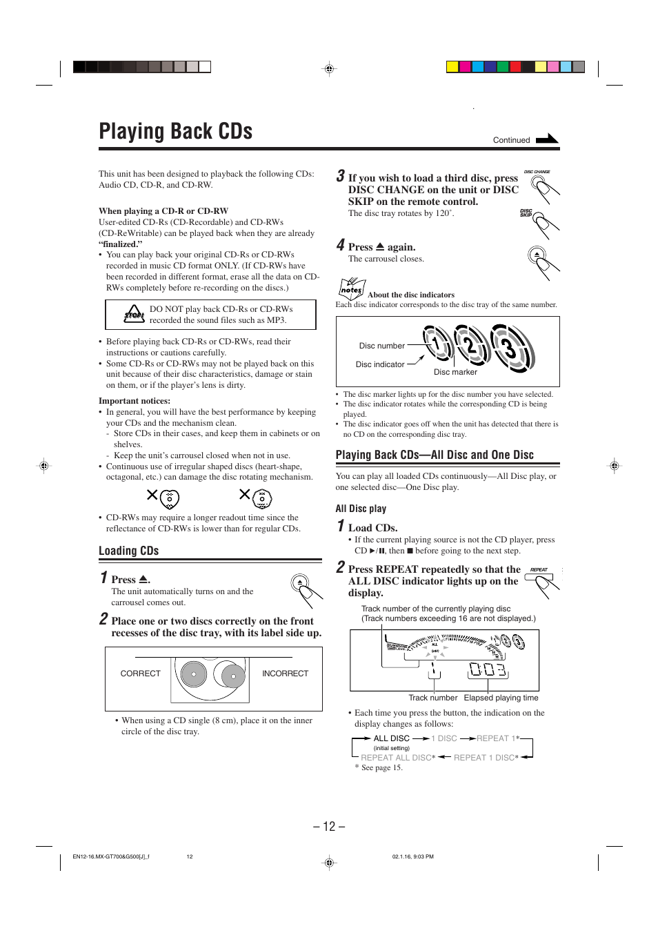 Playing back cds, Playing back cds—all disc and one disc, Loading cds | JVC CA-MXG500 User Manual | Page 15 / 32