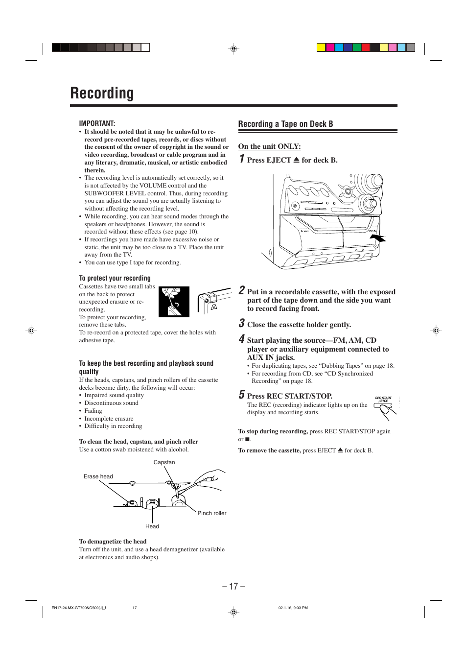 Recording | JVC CA-MXG500 User Manual | Page 20 / 32