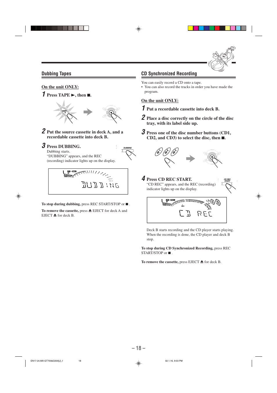 Cd synchronized recording, Dubbing tapes | JVC CA-MXG500 User Manual | Page 21 / 32