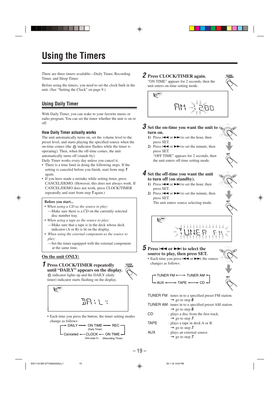 Using the timers, Using daily timer | JVC CA-MXG500 User Manual | Page 22 / 32