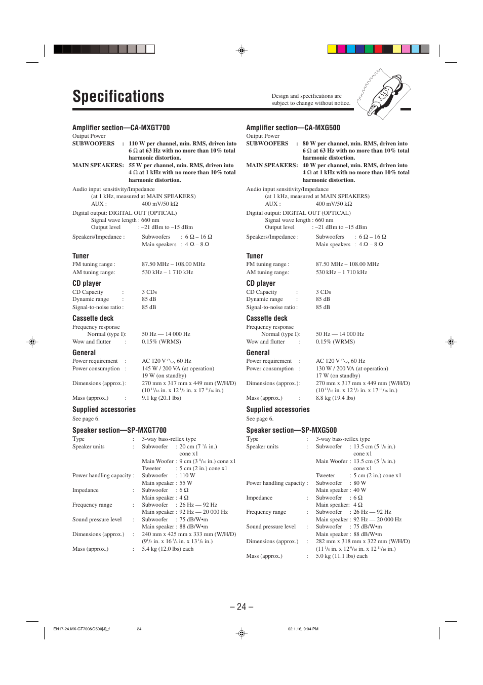 Specifications | JVC CA-MXG500 User Manual | Page 27 / 32