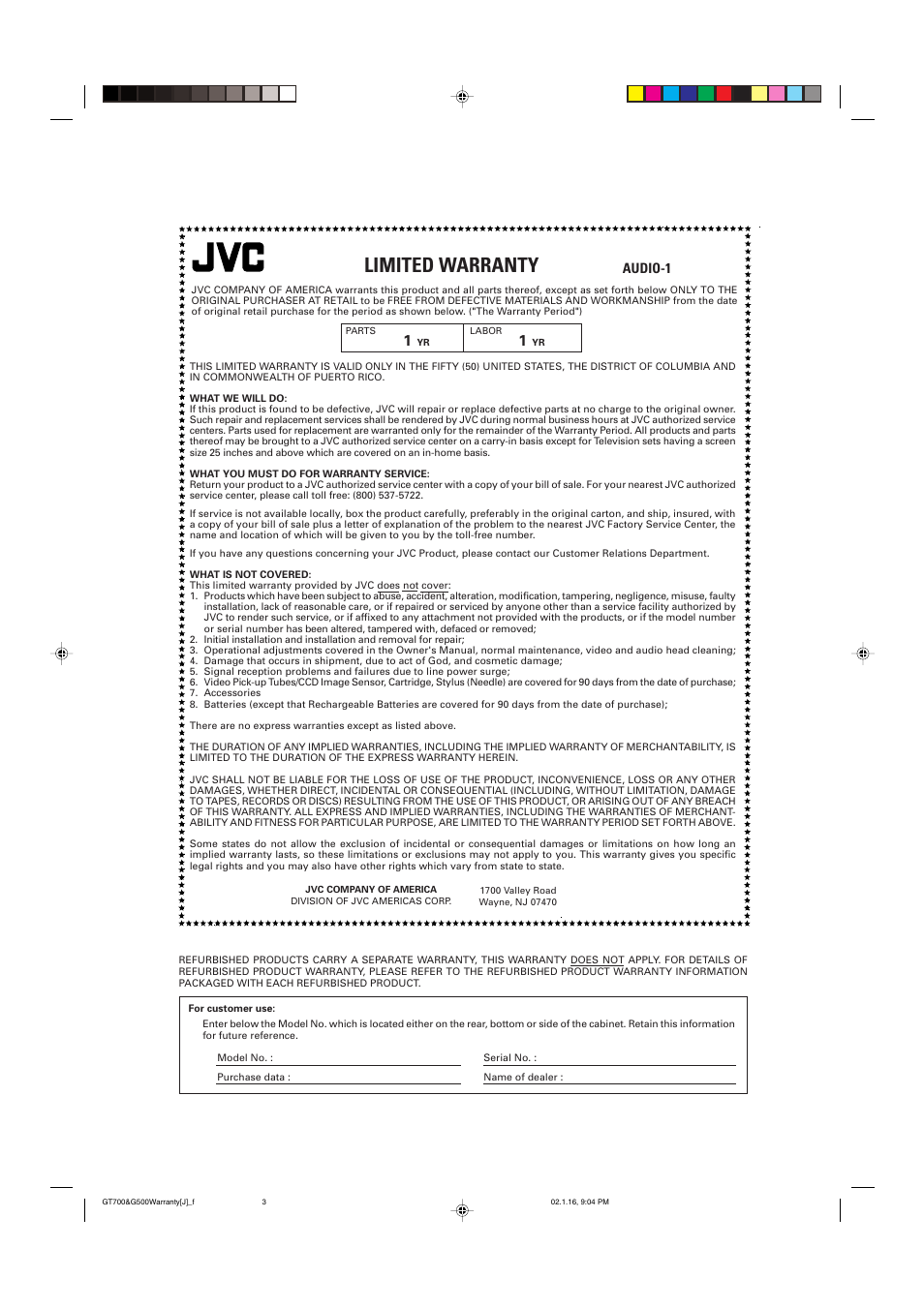 Limited warranty, Audio-1 | JVC CA-MXG500 User Manual | Page 29 / 32