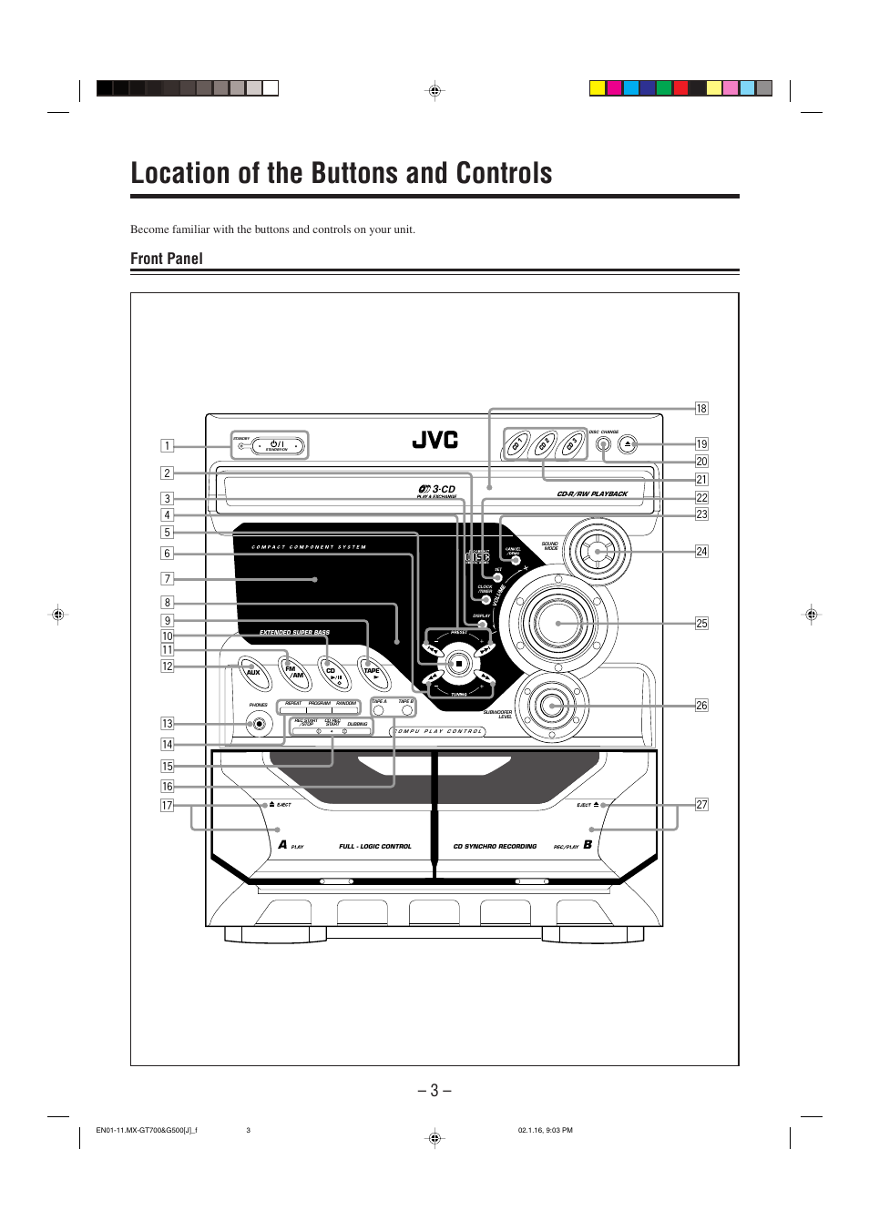 Location of the buttons and controls, Front panel | JVC CA-MXG500 User Manual | Page 6 / 32