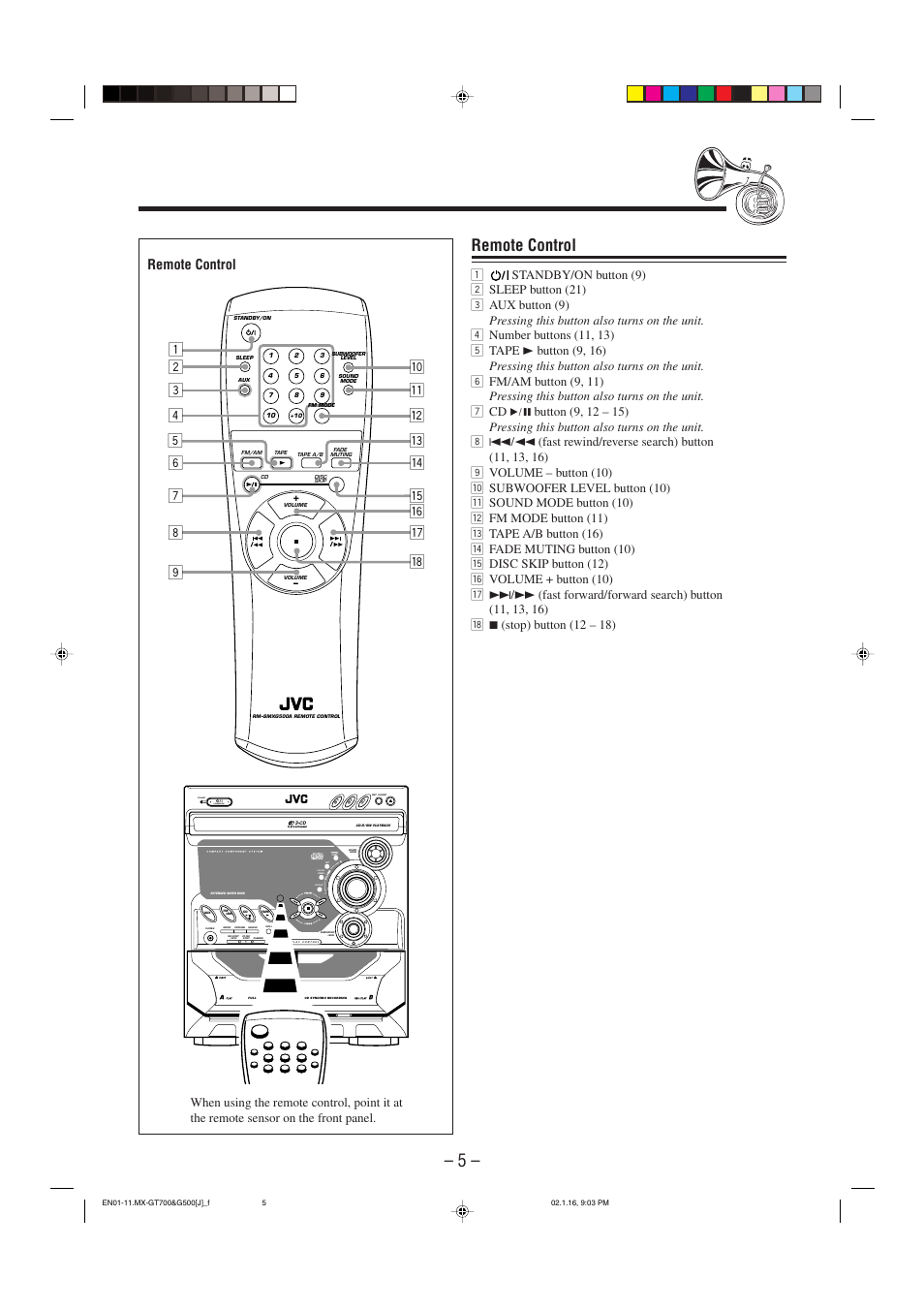 Remote control, Standby/on standby | JVC CA-MXG500 User Manual | Page 8 / 32