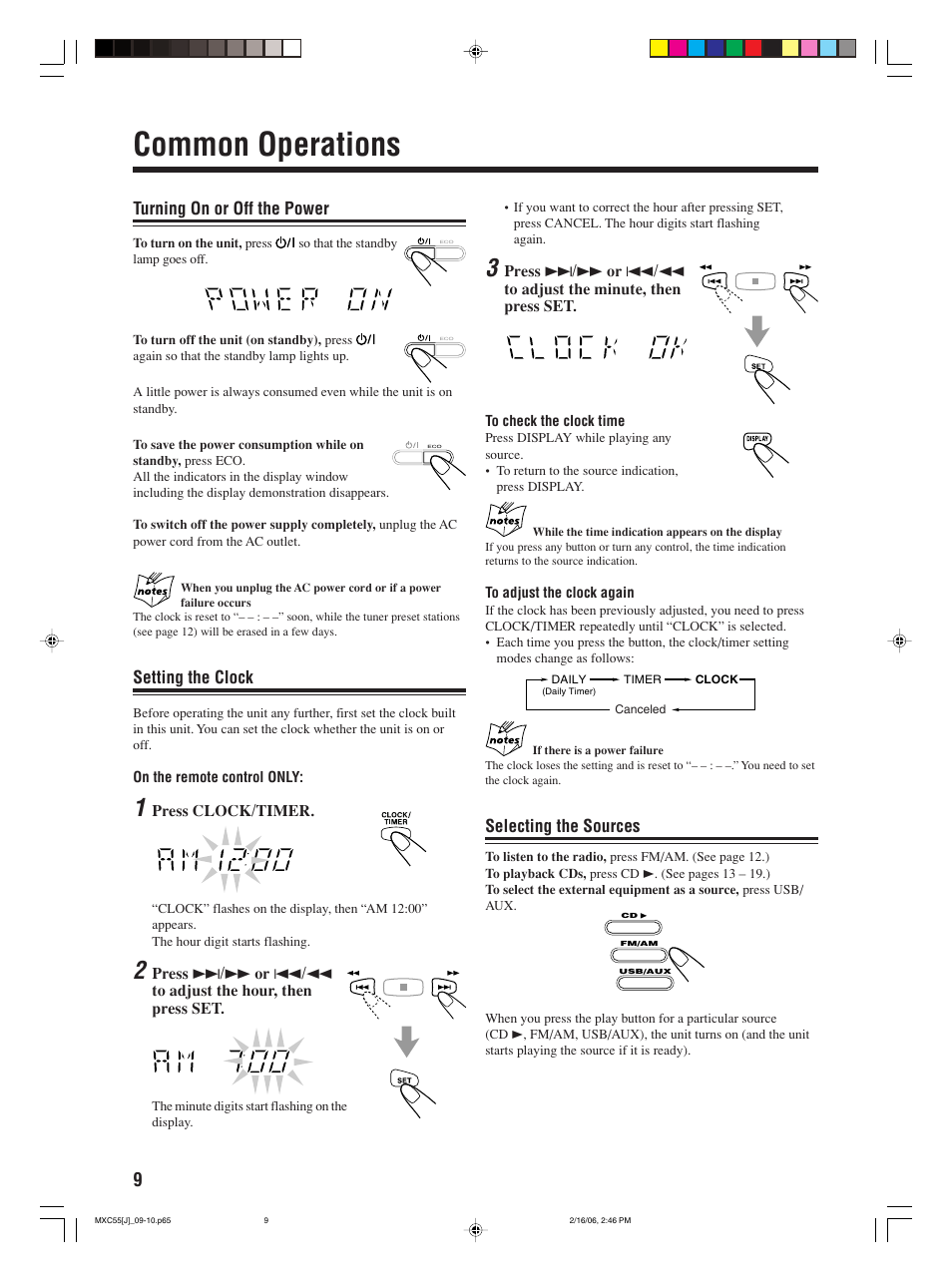 Common operations, Turning on or off the power, Setting the clock | Selecting the sources | JVC MX-C55 User Manual | Page 12 / 32