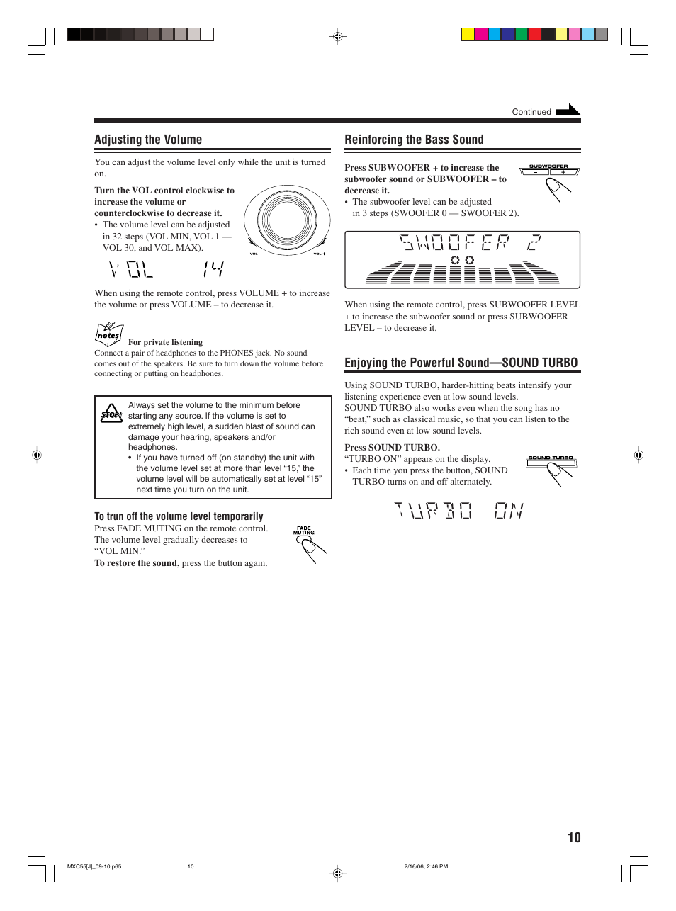 Adjusting the volume, Reinforcing the bass sound, Enjoying the powerful sound—sound turbo | JVC MX-C55 User Manual | Page 13 / 32