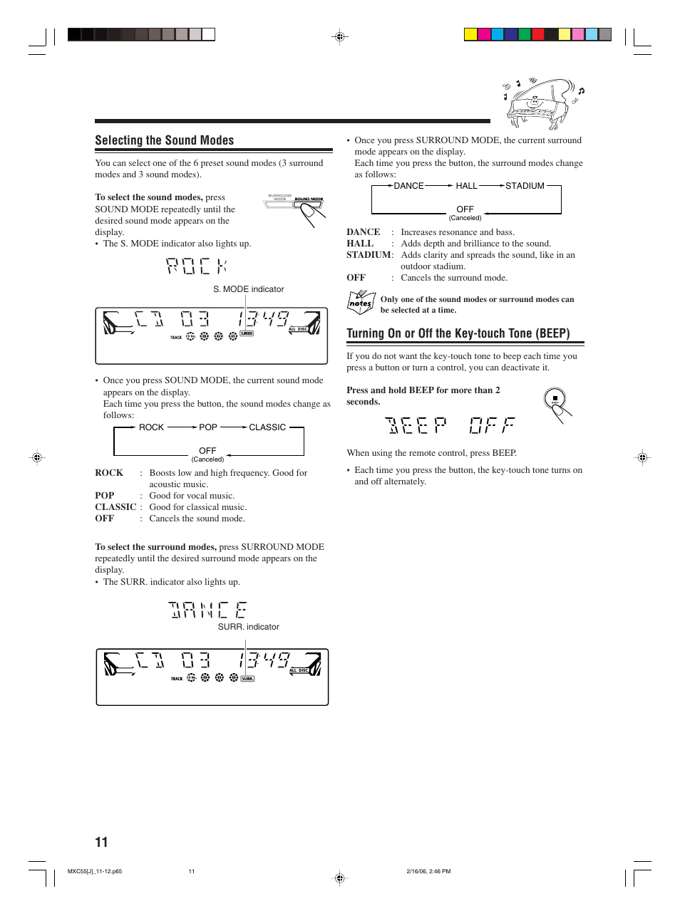 Selecting the sound modes, Turning on or off the key-touch tone (beep) | JVC MX-C55 User Manual | Page 14 / 32